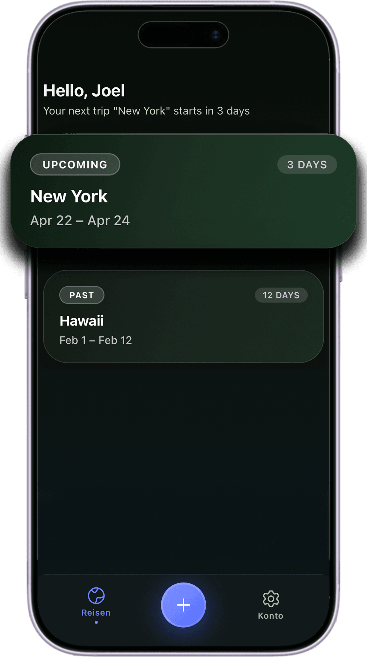 JourneyQ App-Übersicht mit Reise-Timeline und Trip-Karten