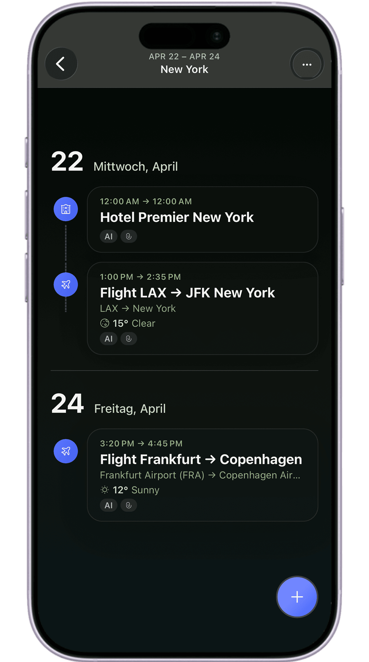 JourneyQ App mit Flugdetails, Wetter und automatisch erkannten Reisedaten